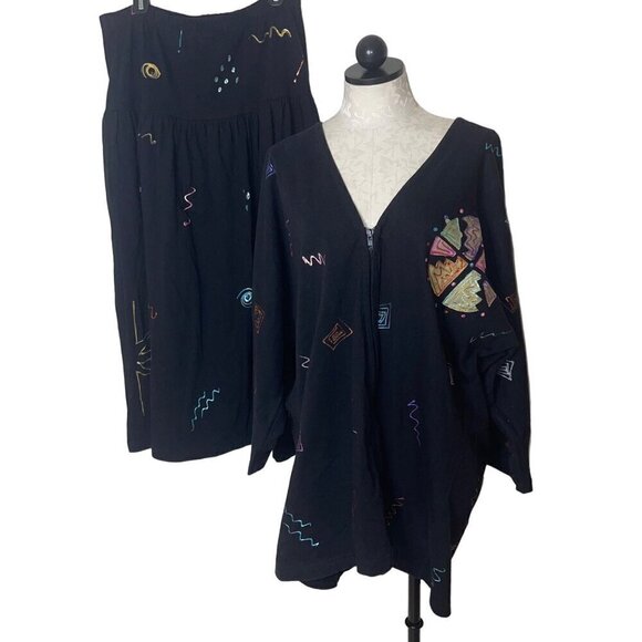 Cristina Maxx Vintage 90s Womens Sweater Skirt Set Size XL Black Cardigan V Neck - Picture 1 of 10